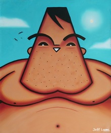 A funny, strange art painting of a fat man