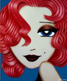 painting of woman with pink curly hair