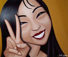 Painting of an asian girl smiling with peace sign