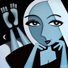 Blue painting of a woman with moon