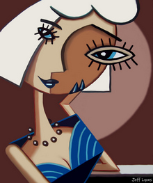 An illustrative woman in which cubism, anime, cartoon artwork styles
