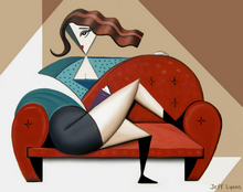 A contemporary cubist art style woman oil painting. Artwork by Jeff Lyons