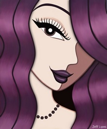 Attractive female face pop portrait, purple hair